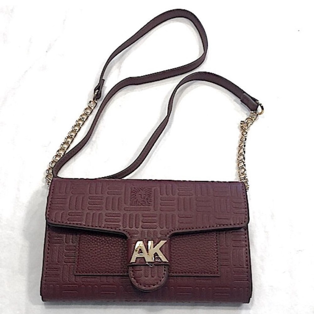 Anne Klein brown mini shoulder bag snap closure gold chain strap multiple pocket